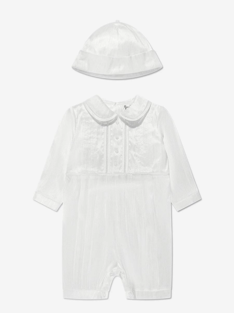 "Sarah Louise Baby Boys White Romper and Hat Set – Newborn Outfit"
