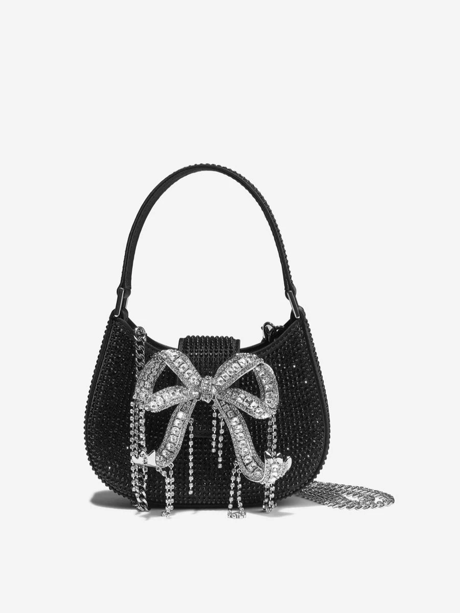 "Self Portrait Girls Black Rhinestone Micro Crescent Bag"