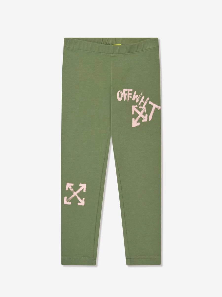Off-White Teen Girls Green Paint Script Graphic Leggings