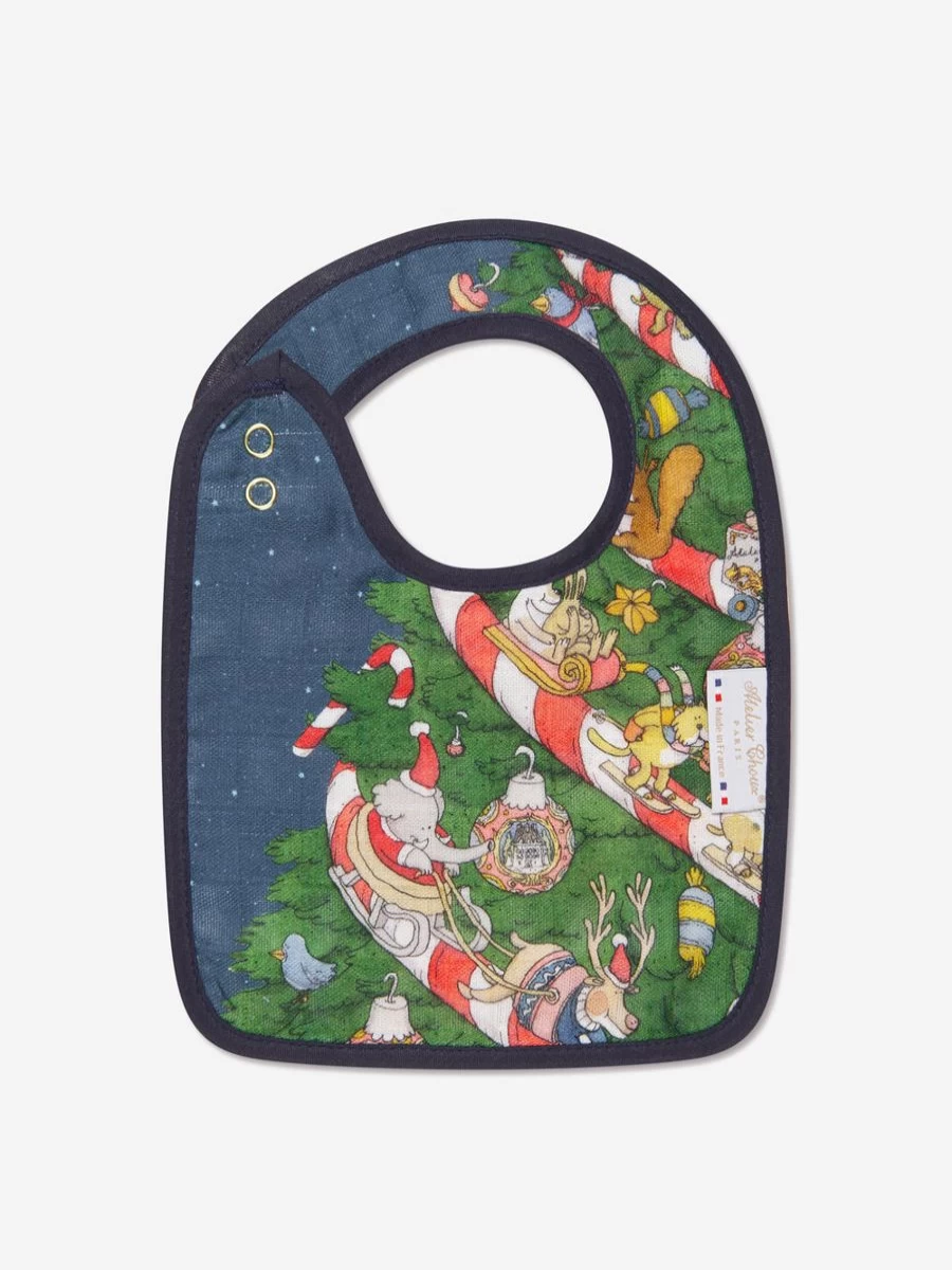 Atelier Choux Reversible Baby Bib - Christmas Eve Blue Design for Newborns & Infants
