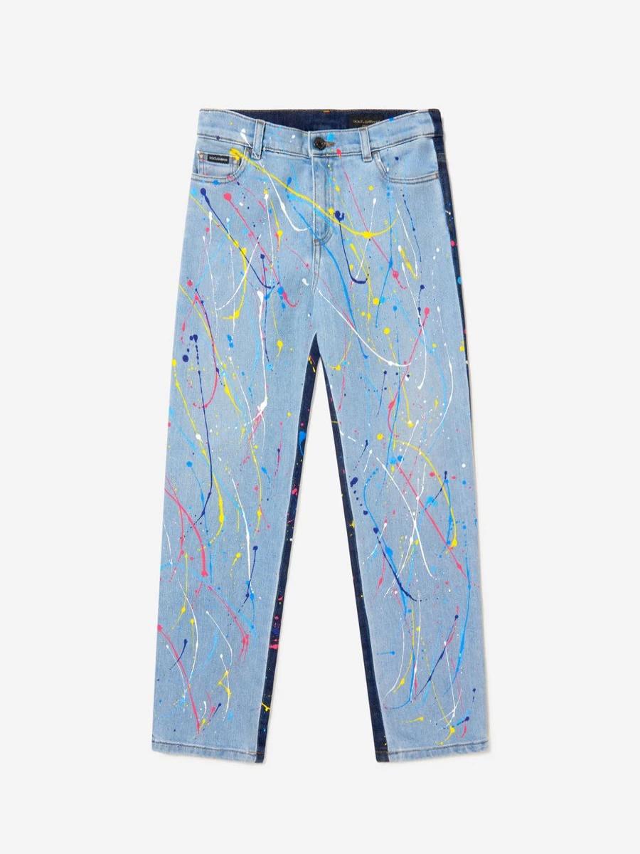 Dolce & Gabbana Kids Boys' Distressed Paint Splash Denim Jeans for Stylish Casual Wear