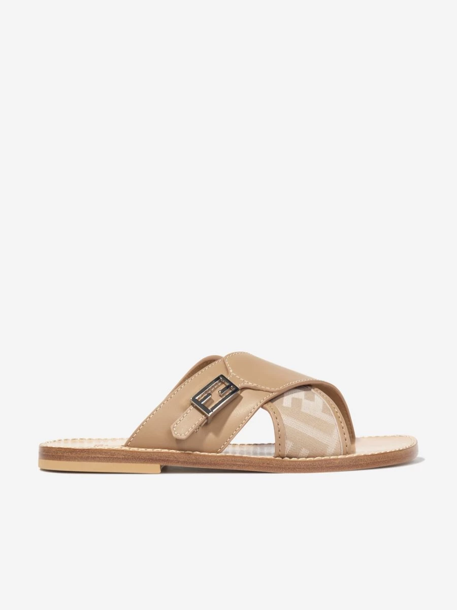 Fendi Kids Teen Beige Leather FF Logo Sandals for Girls