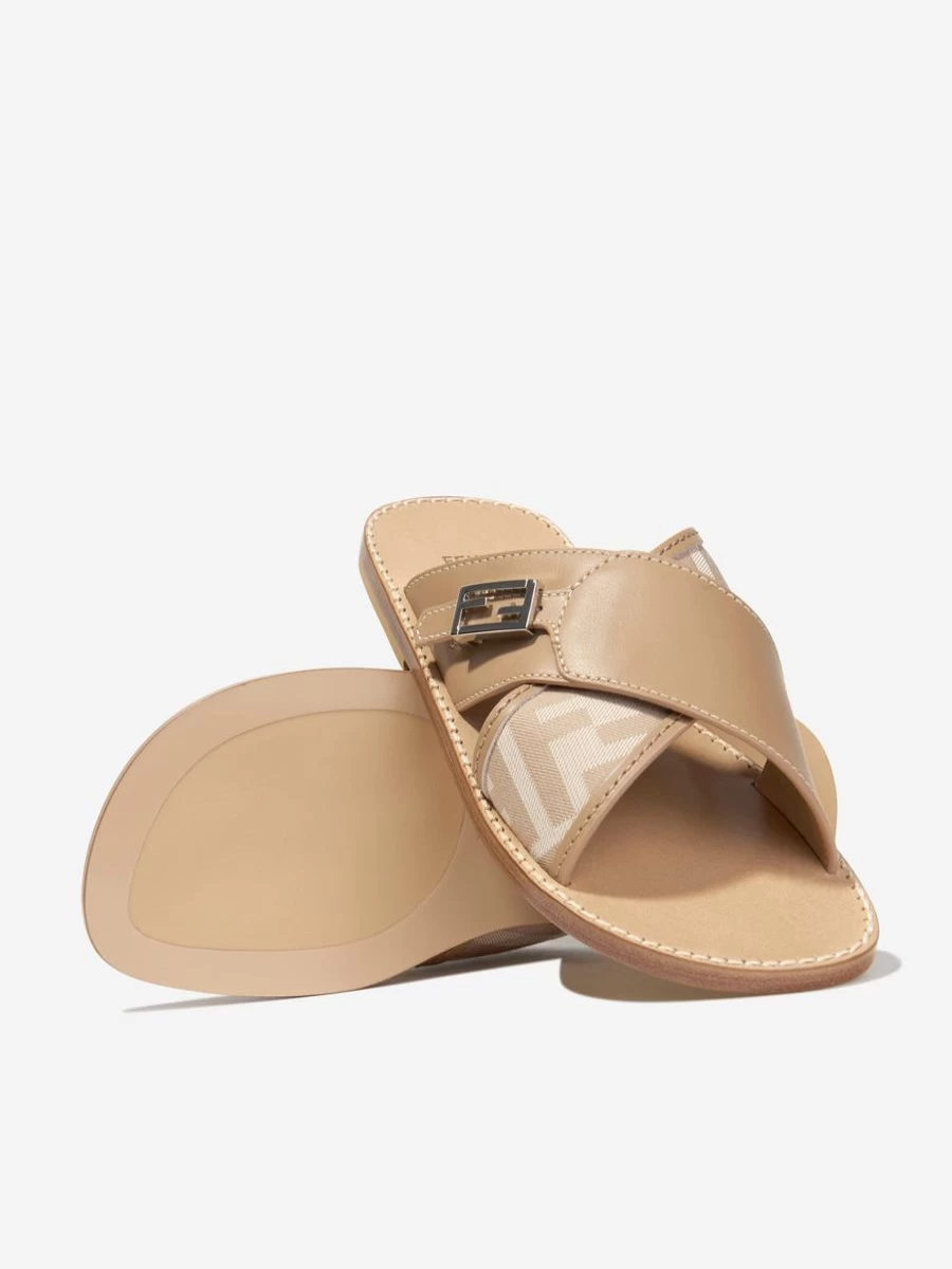 Fendi Kids Teen Beige Leather FF Logo Sandals for Girls