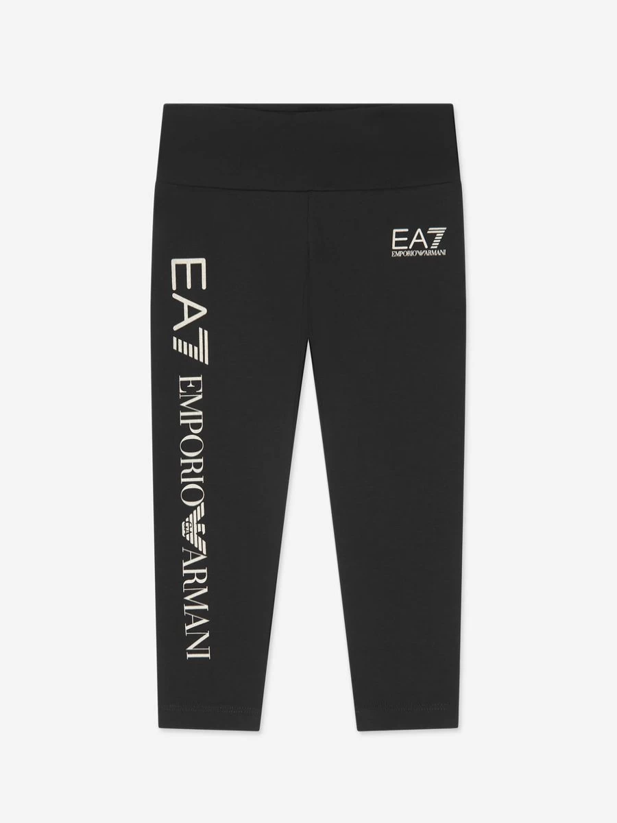 EA7 Emporio Armani Girls Black Shiny Logo Leggings for Kids