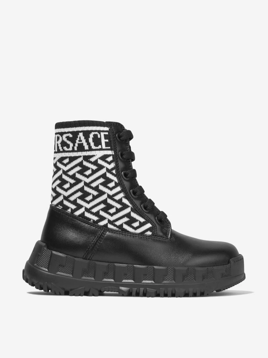 Versace Girls Leather La Greca Lace Up Boots | Designer Kids Boots