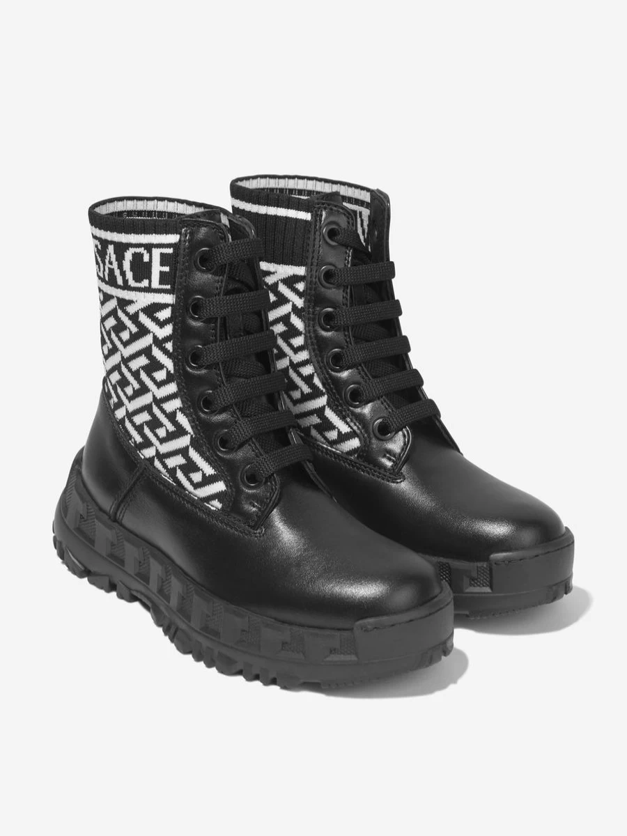 Versace Girls Leather La Greca Lace Up Boots | Designer Kids Boots