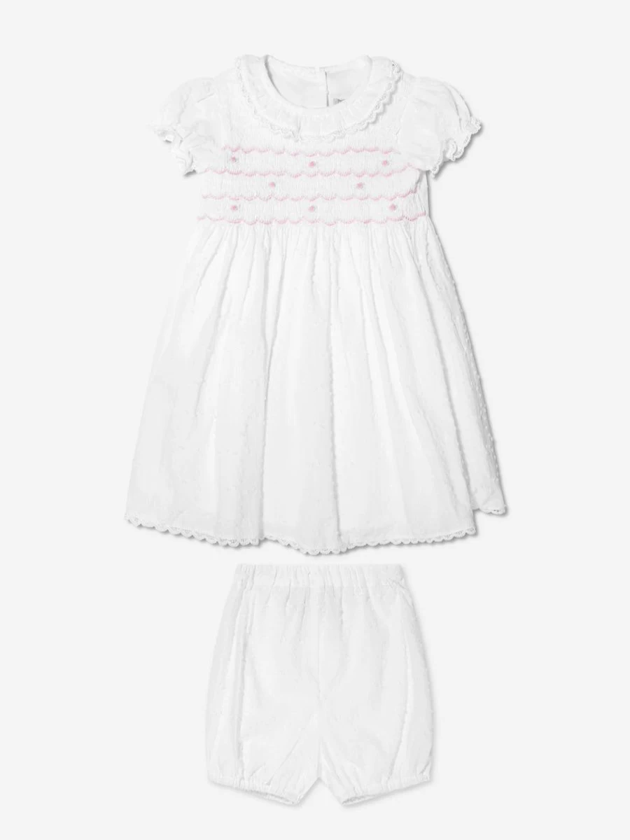 Rachel Riley Ivory Swiss Dot Smocked Dress with Bloomers for Baby Girls