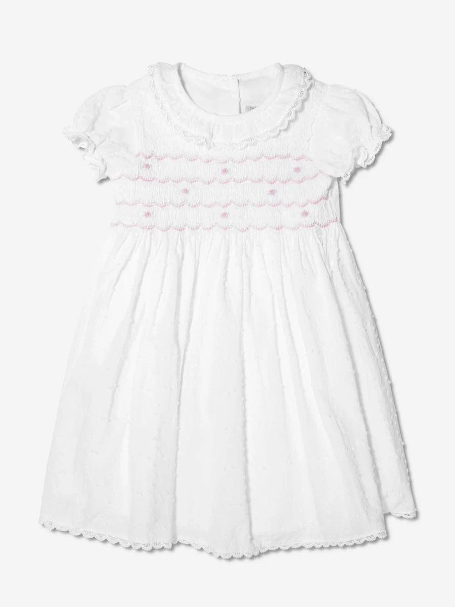 Rachel Riley Ivory Swiss Dot Smocked Dress with Bloomers for Baby Girls