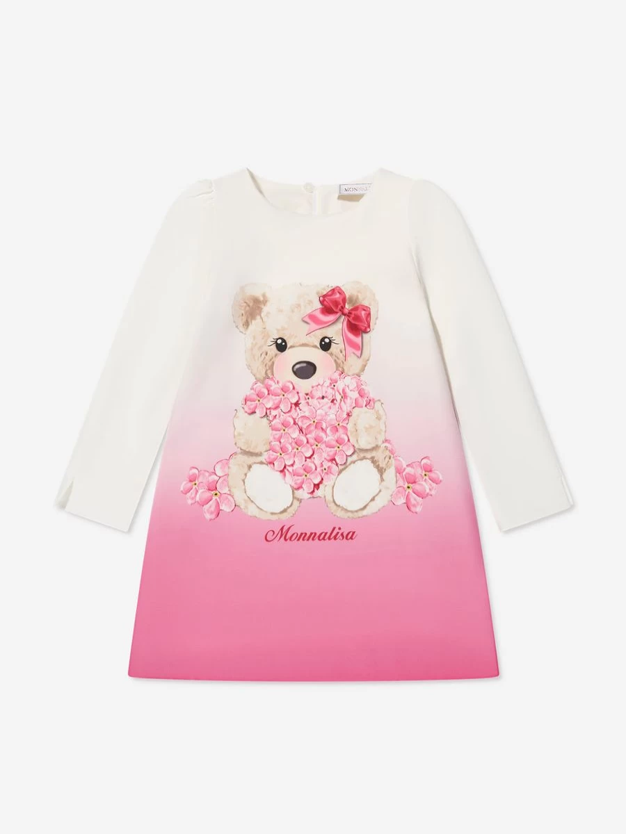 Monnalisa Girls Ivory Teddy Bear Dress - Elegant Kids Formal Wear