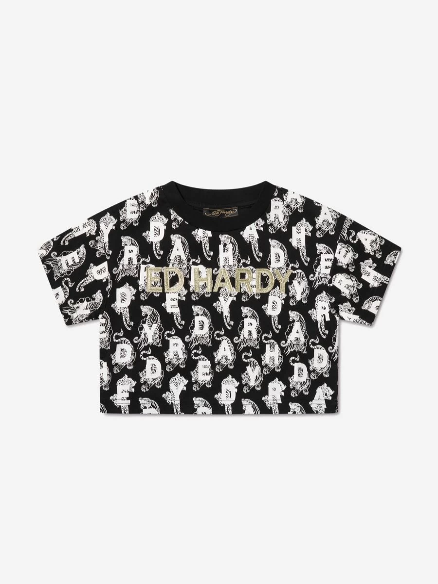 ED Hardy Teen Girls Black Crop T-Shirt | Trendy Short Top for Teens