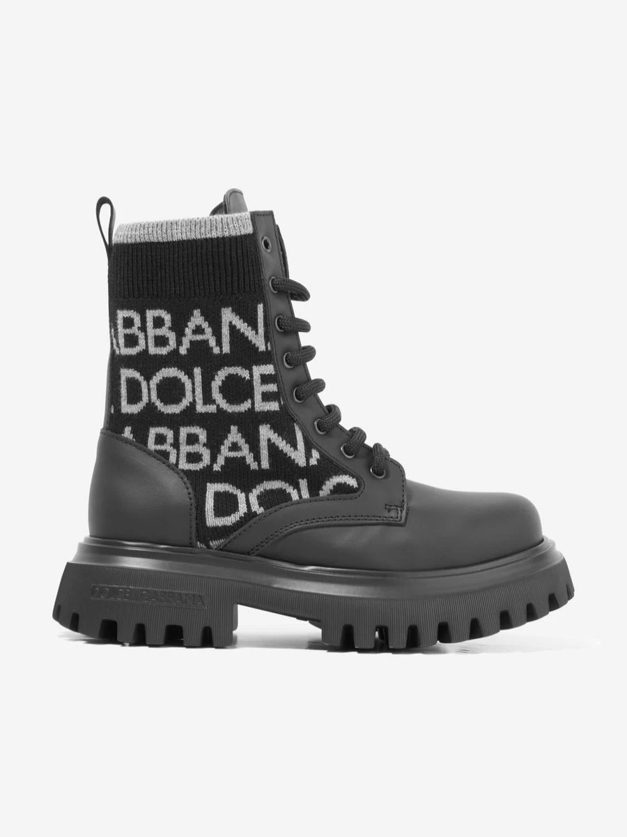 Dolce & Gabbana Kids Boys Black Leather Combat Boots with Logo Detail