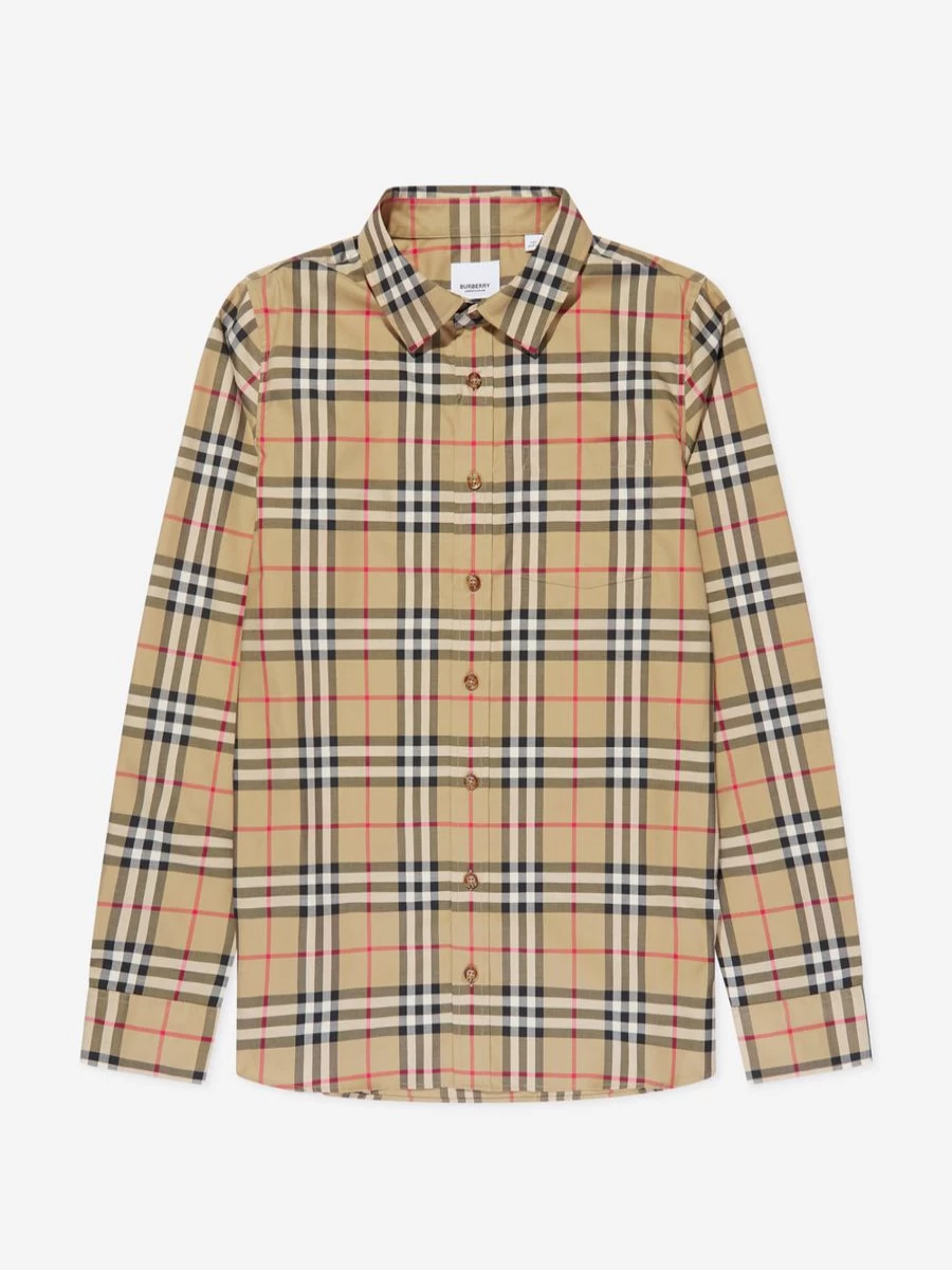 Burberry Kids Teen Boys Owen Beige Check Long Sleeve Shirt