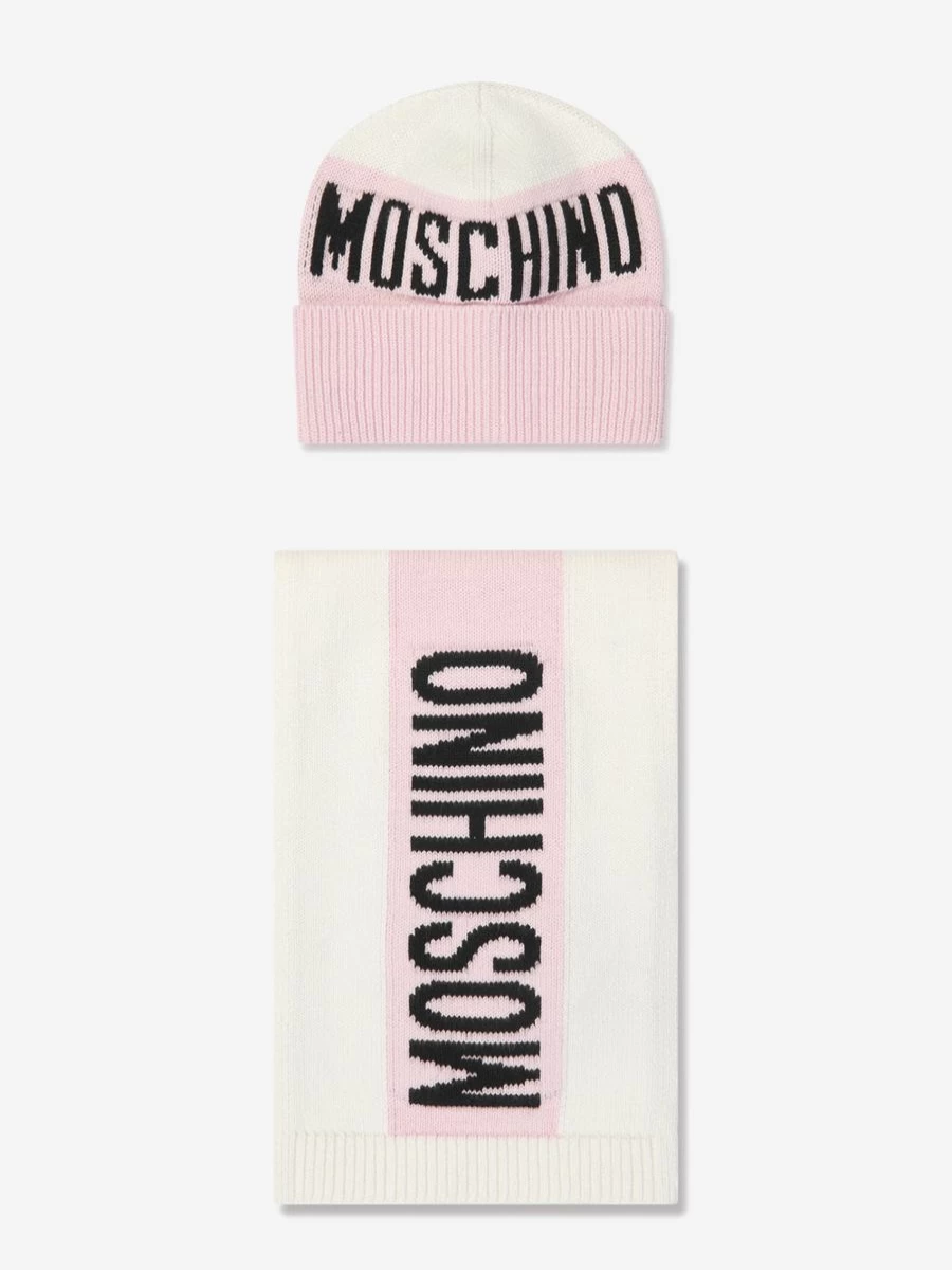 Moschino Kids Teen Pink Knitted Hat and Scarf Set for Girls