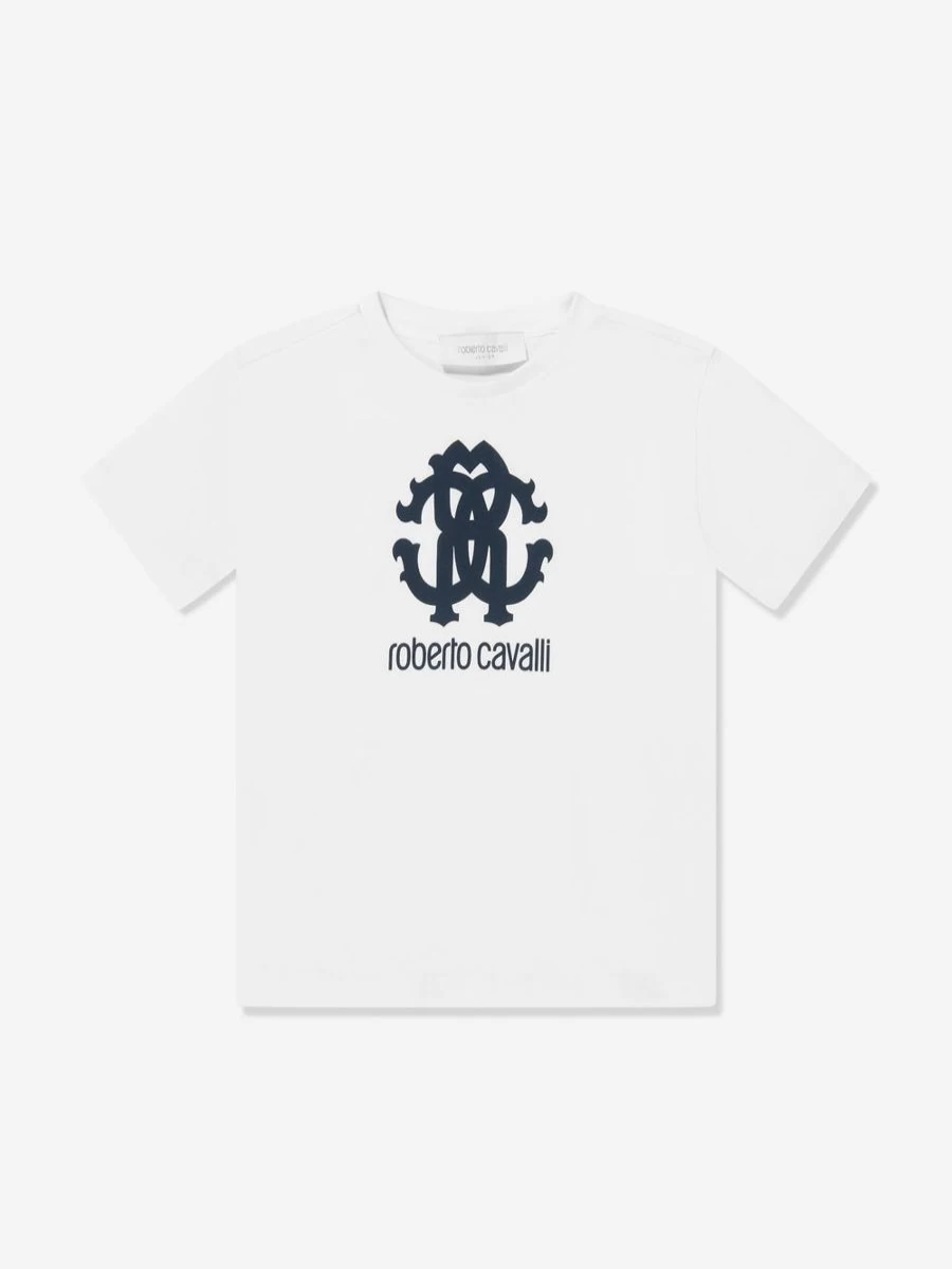 Roberto Cavalli Boys White Logo Print Cotton T-Shirt