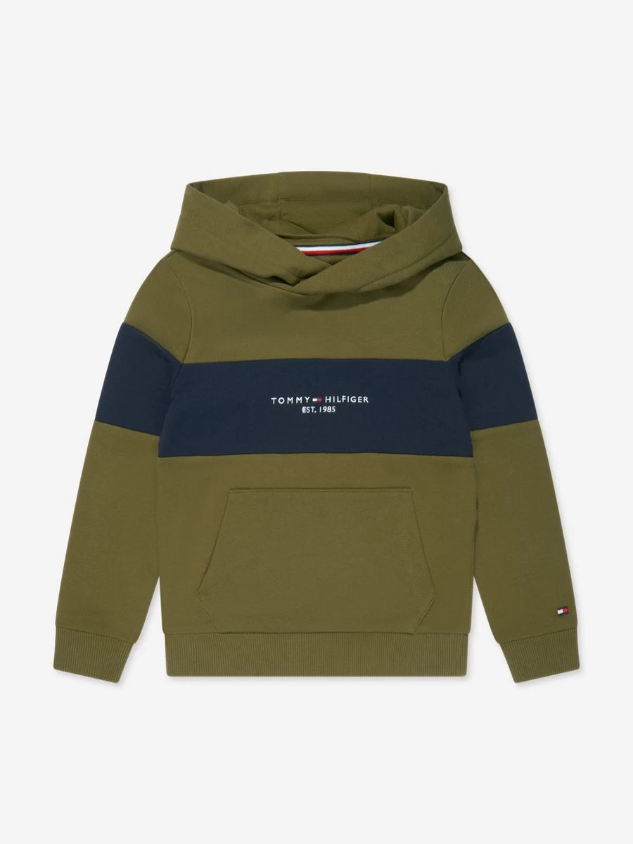 Tommy Hilfiger Boys Green Colourblock Hoodie - Essential Casual Pullover for Kids