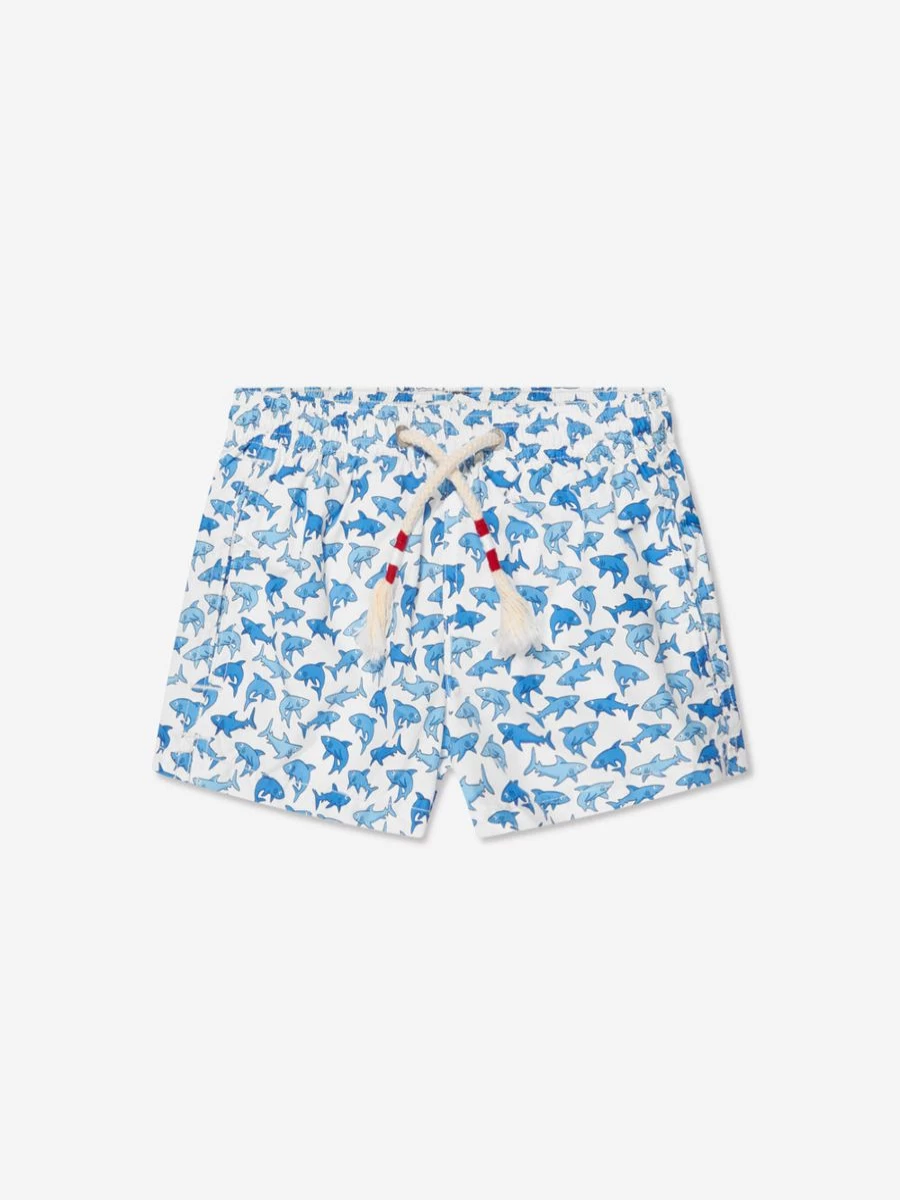 MC2 Saint Barth Boys Shark Print Swim Shorts - White Beach Swimwear