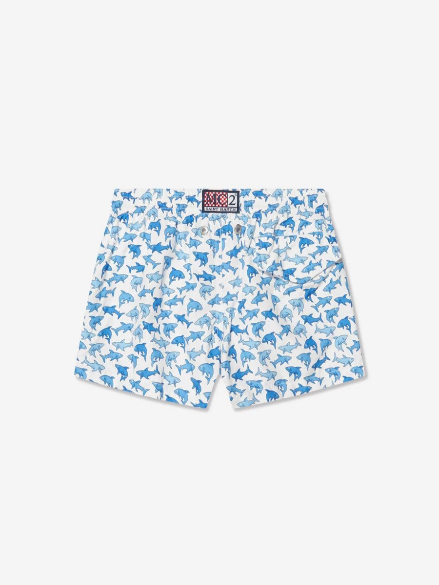 MC2 Saint Barth Boys Shark Print Swim Shorts - White Beach Swimwear