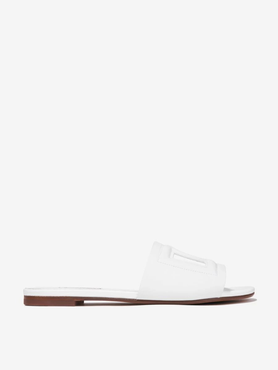 Dolce & Gabbana Kids Teen Girls Leather Sliders with Cut-Out Logo