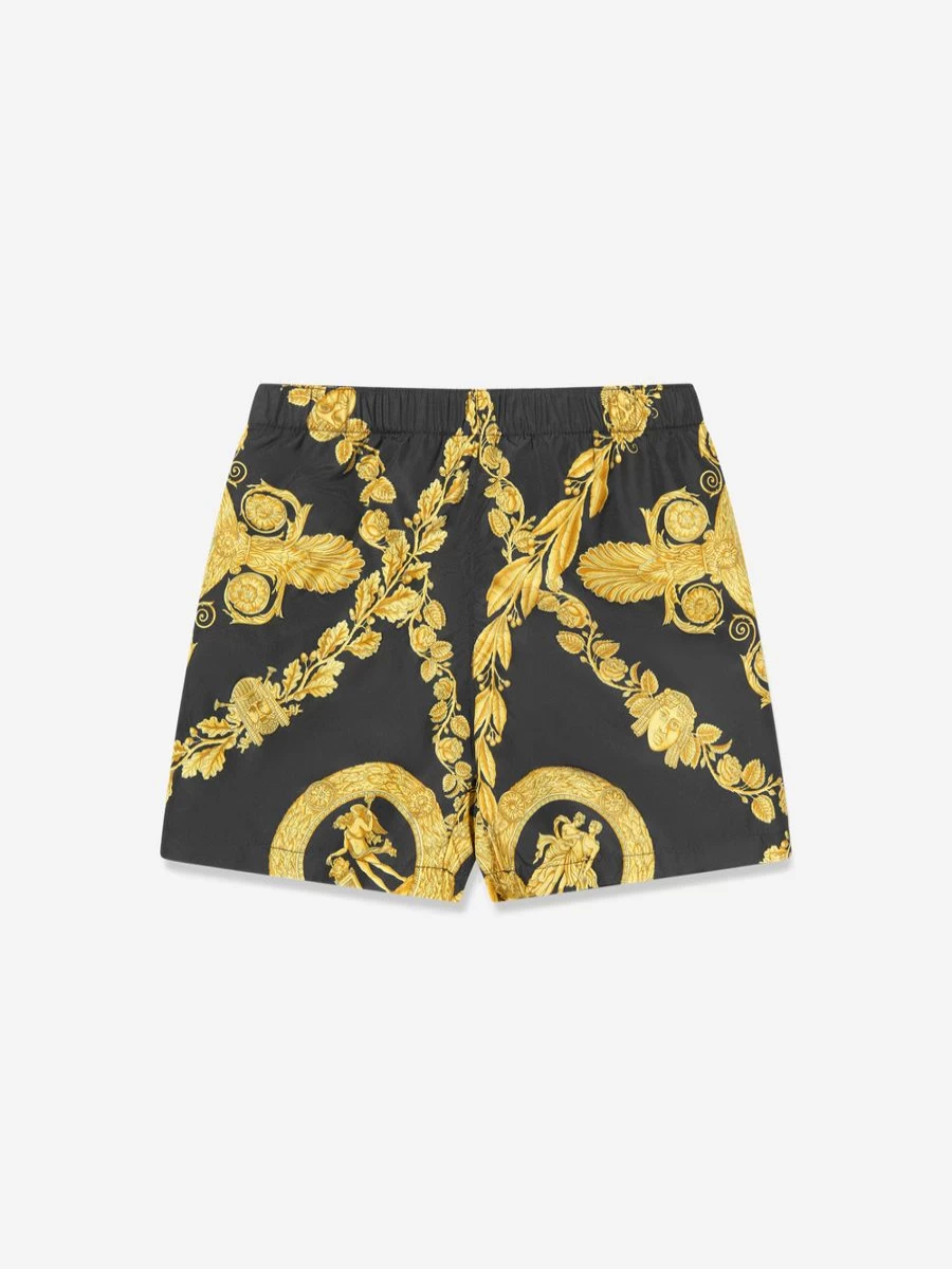 Versace Boys Black Heritage Print Swim Shorts for Kids