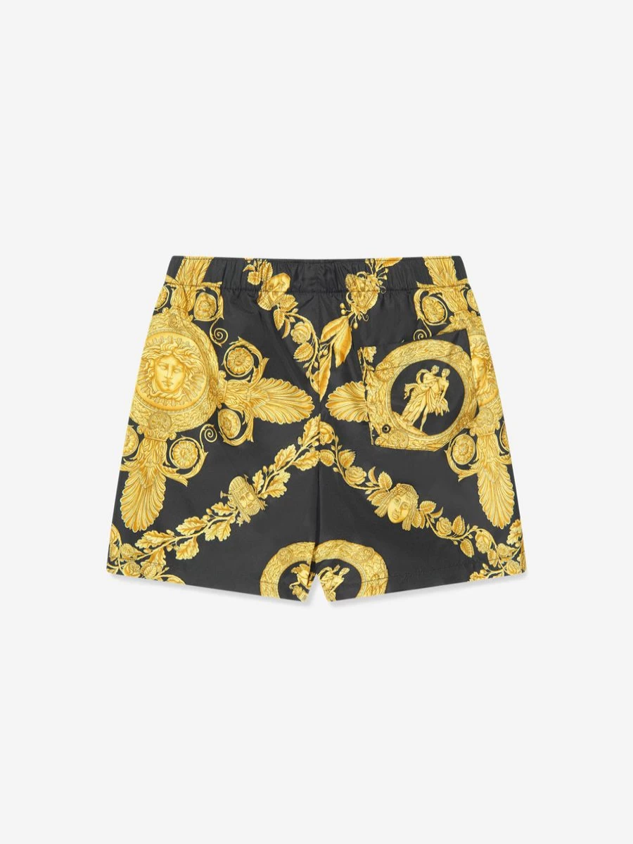 Versace Boys Black Heritage Print Swim Shorts for Kids
