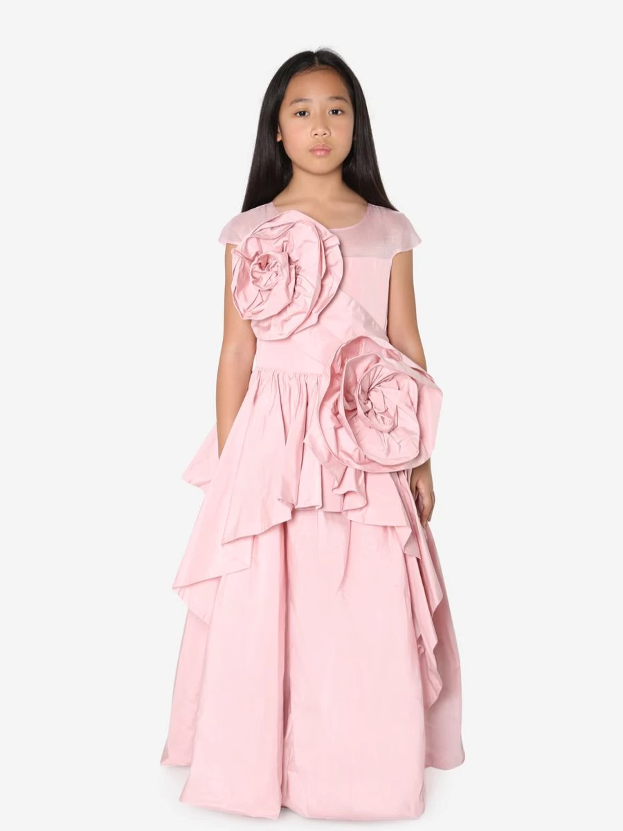 Marchesa Girls Pink Rose Embellished Taffeta Gown - Sculptural Formal Dress
