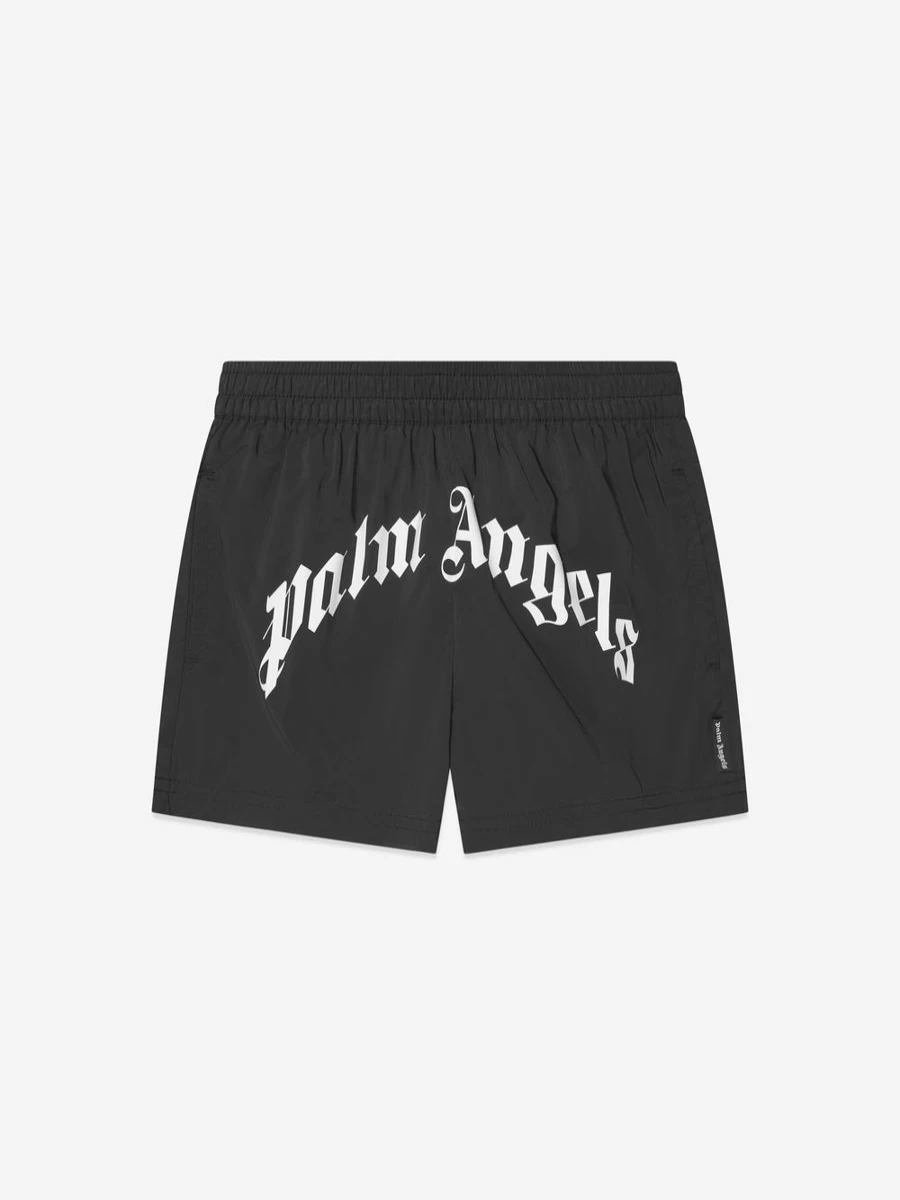 Palm Angels Boys' Black Curved Logo Swim Shorts for Kids