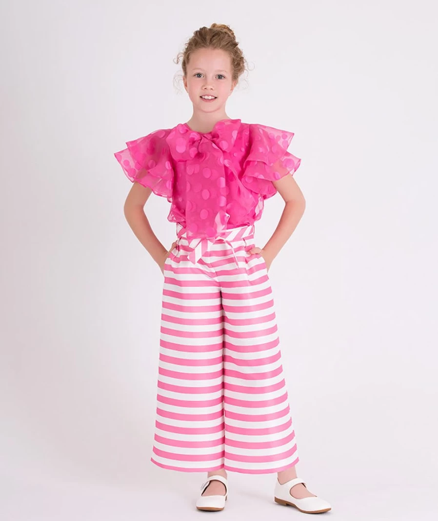 Mama Luma Girls Pink Striped Wide Leg Trousers for Kids - Comfortable & Stylish High Waist Pants