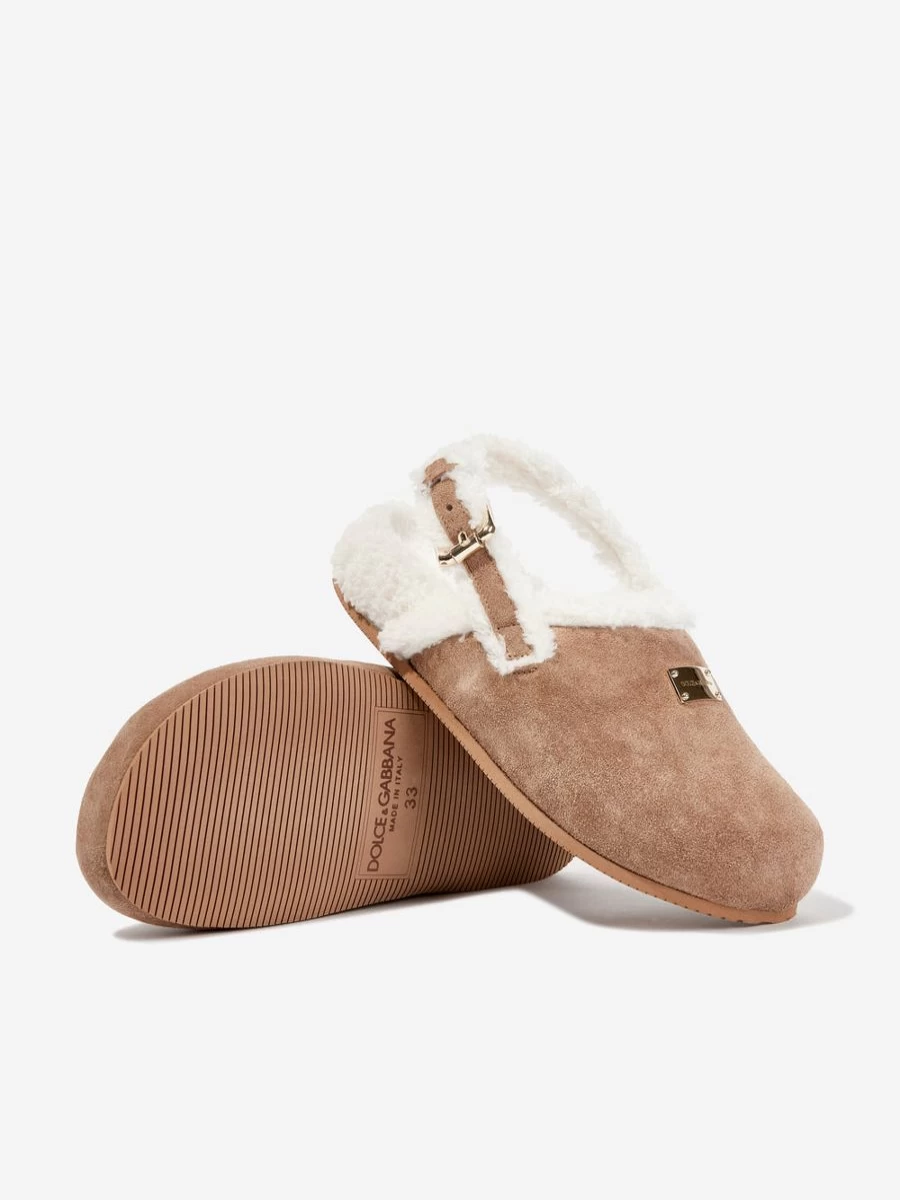 Dolce & Gabbana Boys Brown Shearling Slippers for Kids