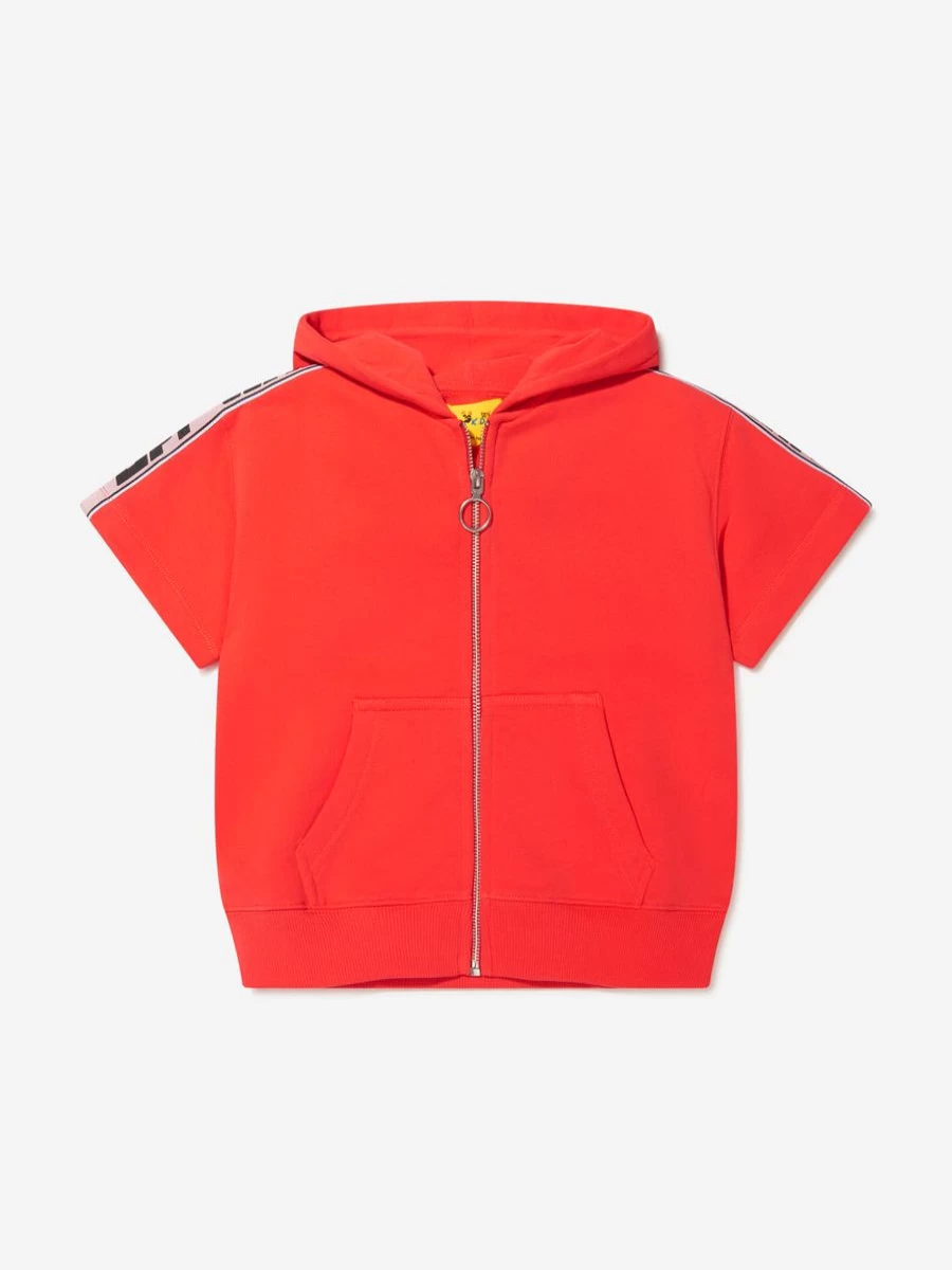 Off-White Girls Cotton Short Sleeve Zip-Up Hoodie with Logo Band