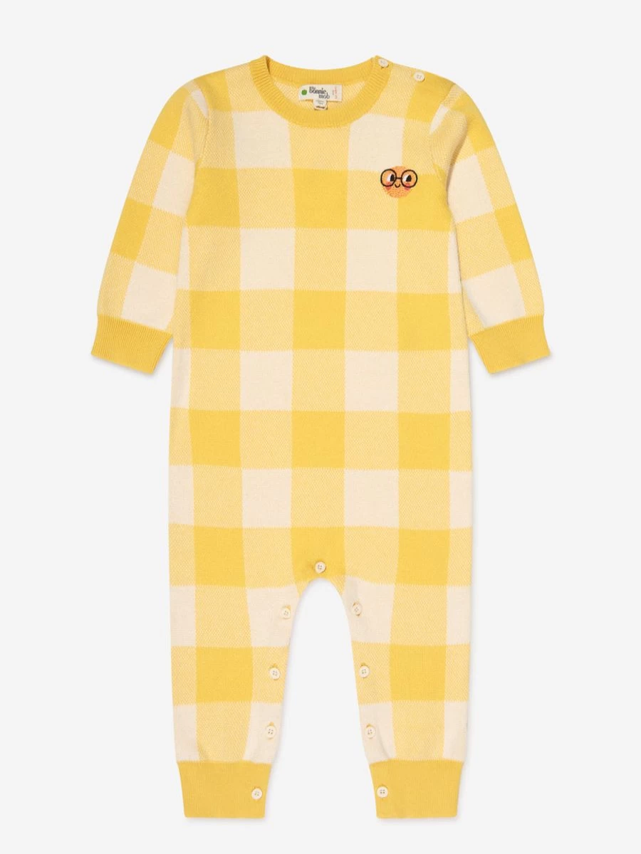 The Bonnie Mob Baby Yellow Jacquard Check Romper - Soft Cotton Infant Jumpsuit