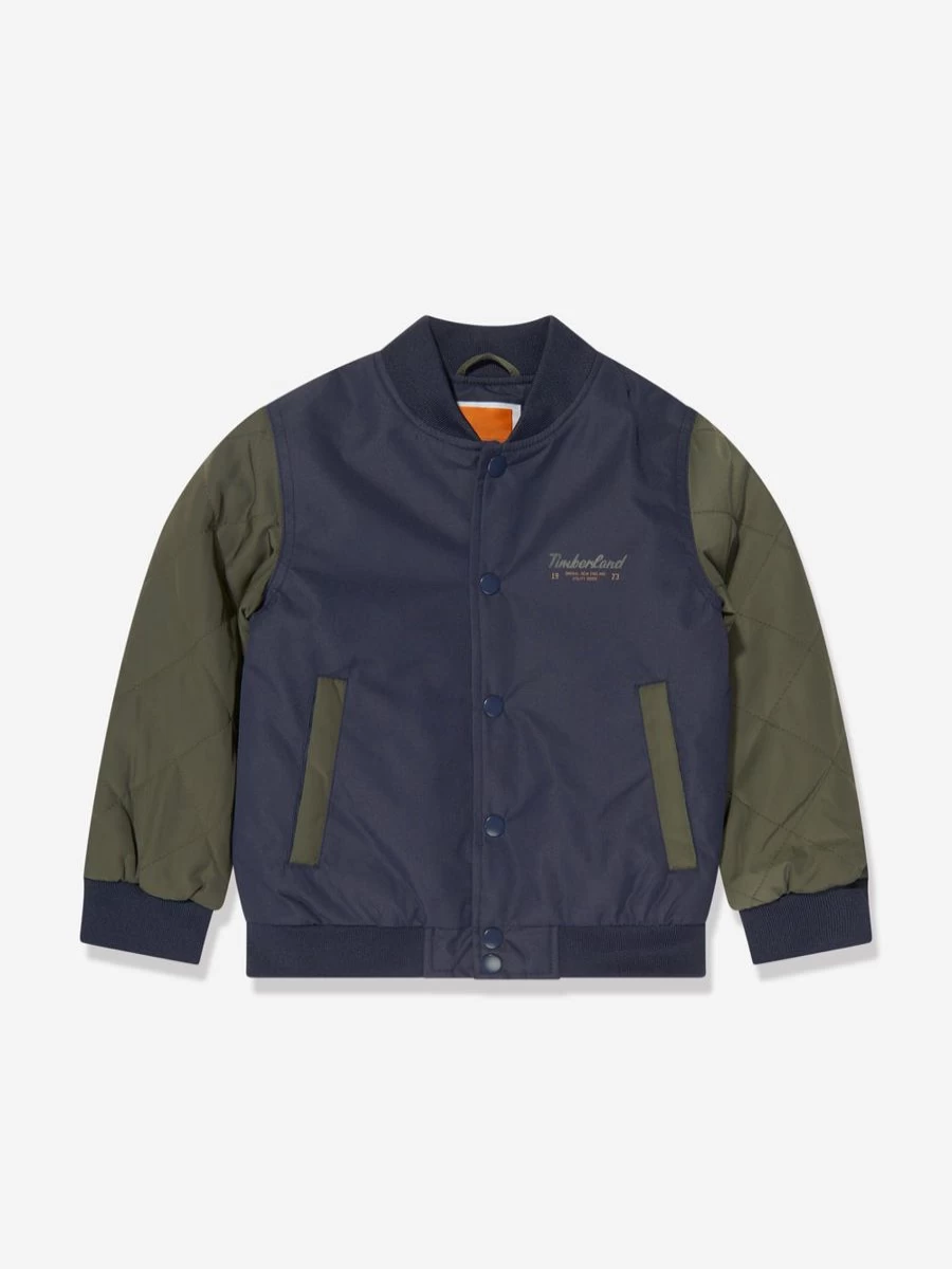 Timberland Boys Navy Logo Bomber Jacket – Lightweight Water-Resistant Outerwear for Kids
