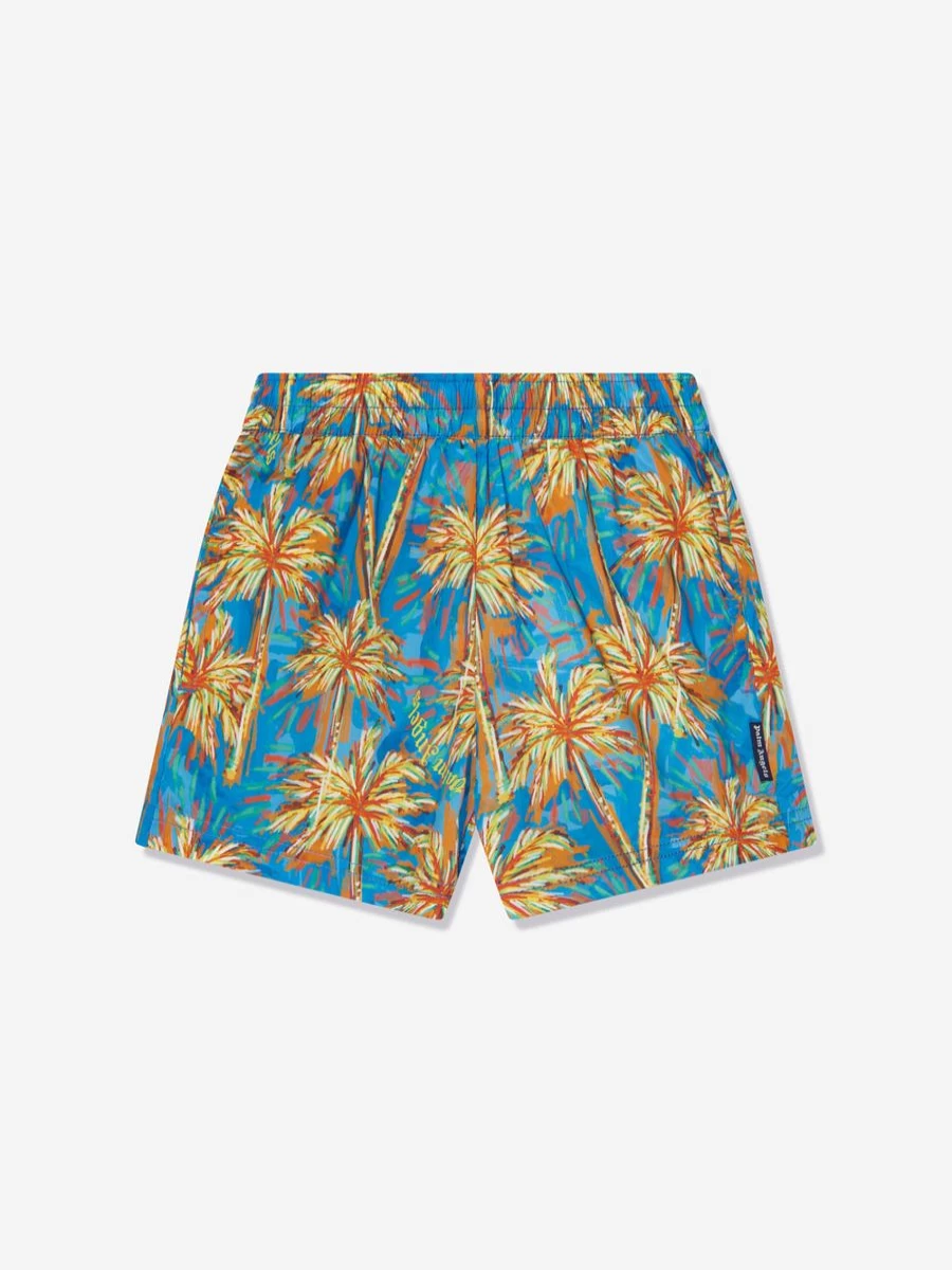 Palm Angels Teen Boys Blue AOP Swim Shorts with Palms Print
