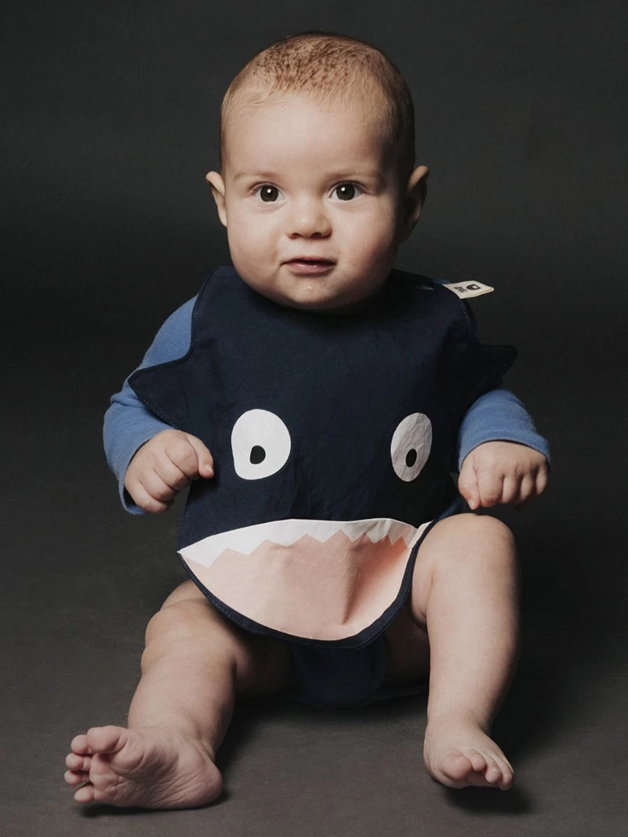 Baby Bites Waterproof Navy Shark Bib for Infants - Soft & Durable Baby Feeding Bib