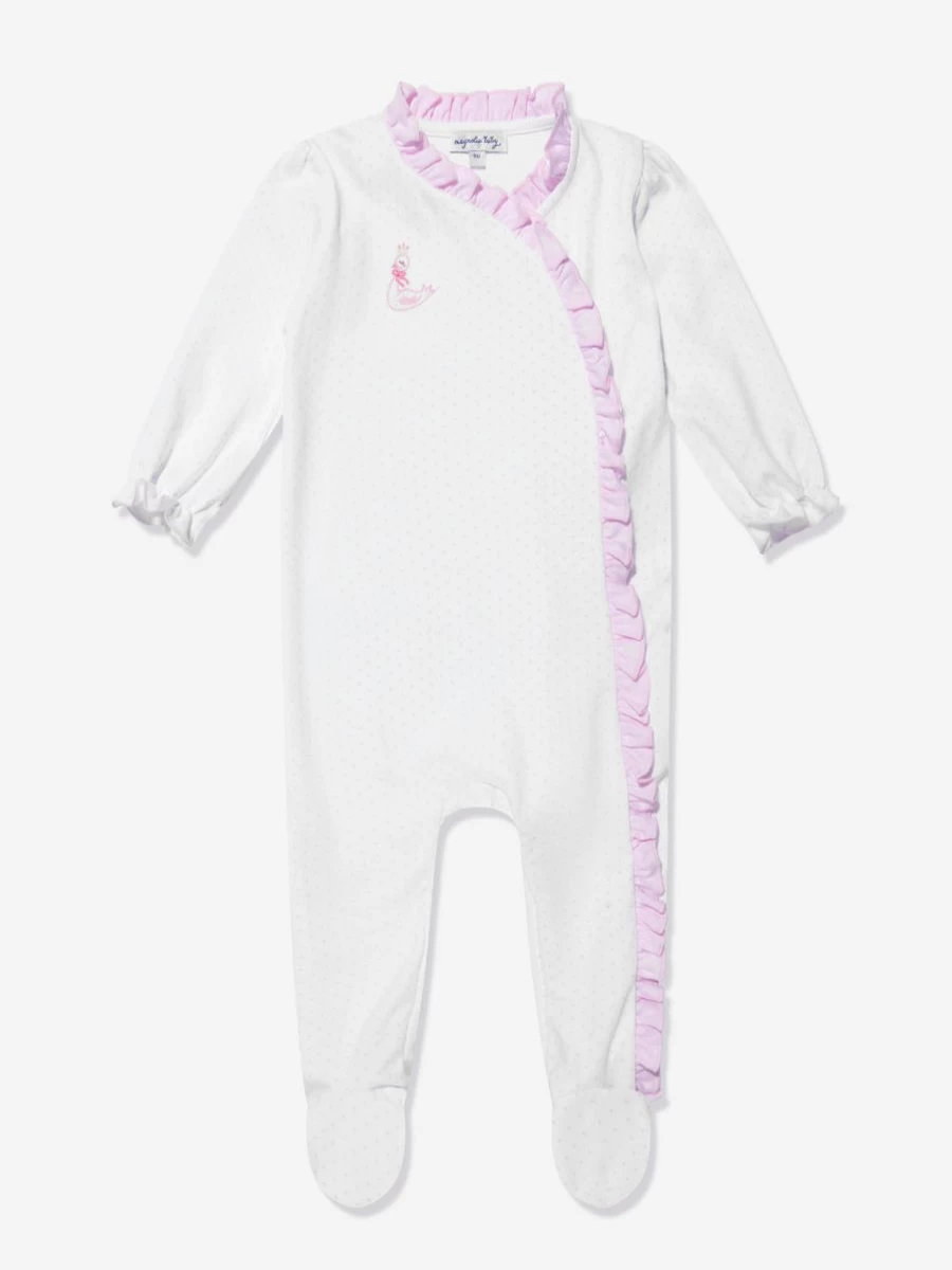 Magnolia Baby Girls White Swan Embroidered Cross Ruffle Babygrow - Soft & Elegant Newborn Romper