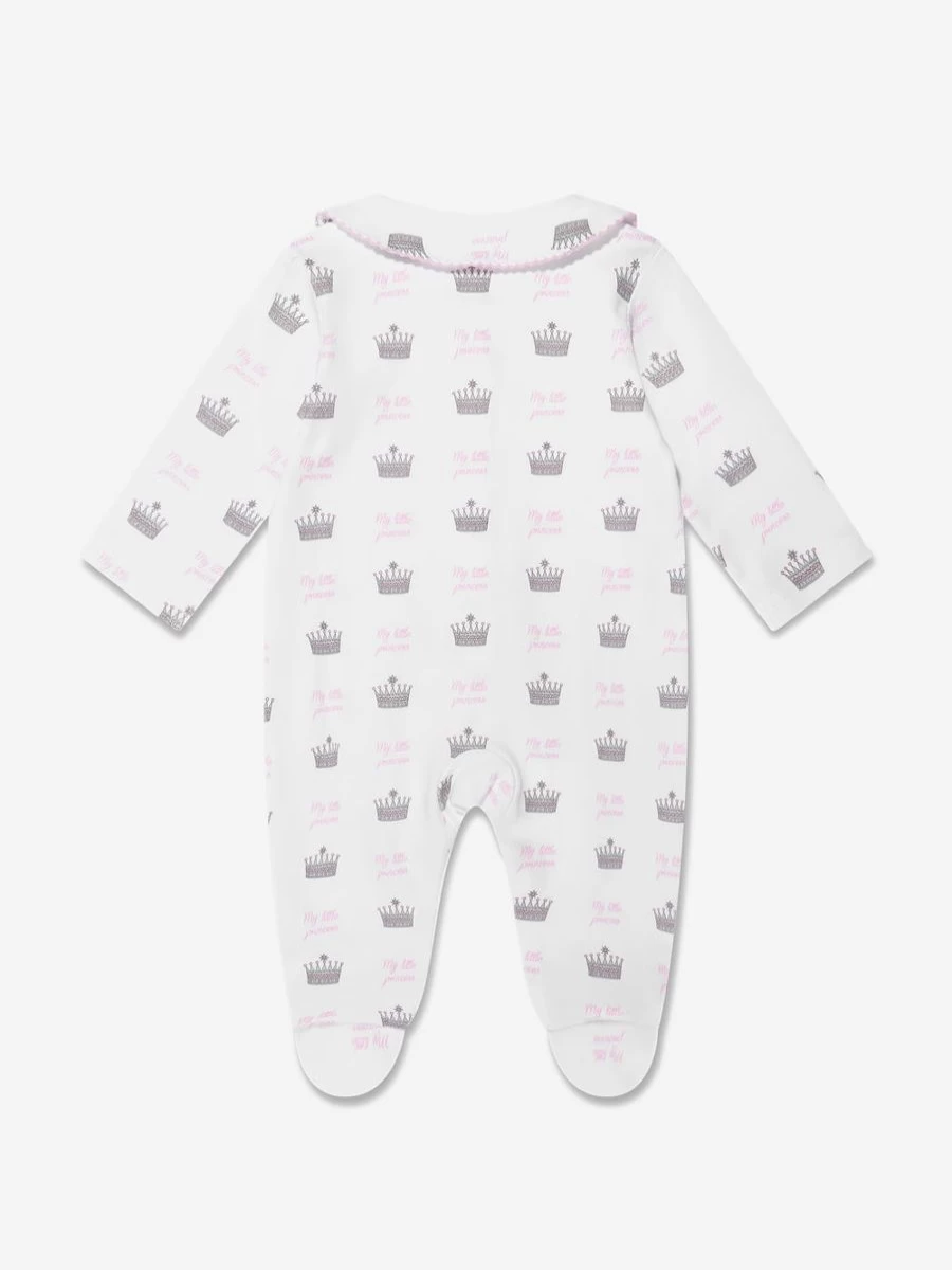 Rachel Riley White Crown Print Babygrow for Girls - Elegant Newborn Baby Girl Outfit