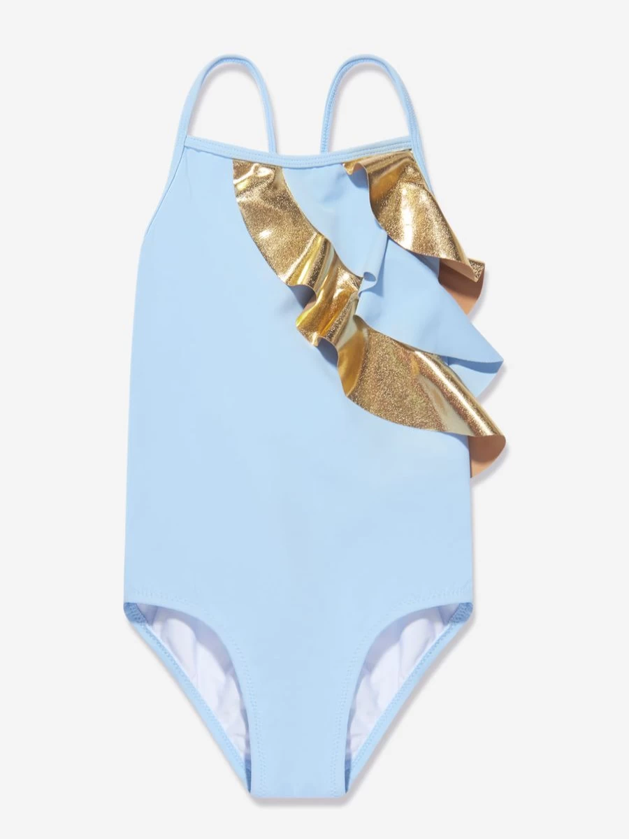 "Nessi Byrd Girls Blue Frill Criss Cross Gina Swimsuit for Kids"