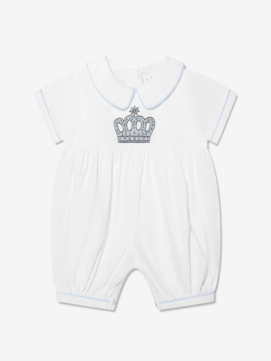 Rachel Riley Ivory Embroidered Prince Crown Romper for Baby Boys - Elegant Newborn Outfit
