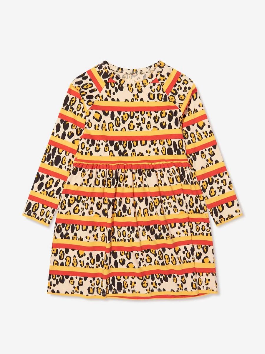 Mini Rodini Girls Organic Cotton Leopard Striped Dress - Multicolored Striped Kids Dress | Eco-Friendly Children's Clothing