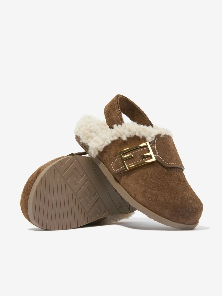 Fendi Kids Girls Brown Sherpa Slippers for Toddlers and Children