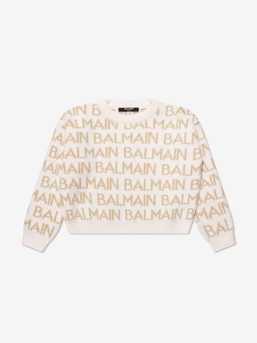 Balmain Girls Ivory Logo Jumper - Premium Knit Sweater for Kids
