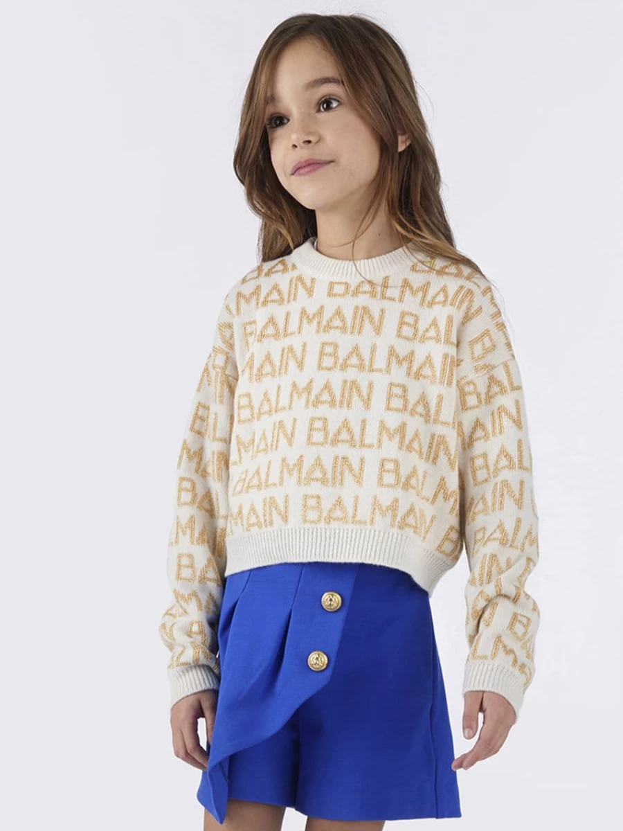 Balmain Girls Ivory Logo Jumper - Premium Knit Sweater for Kids