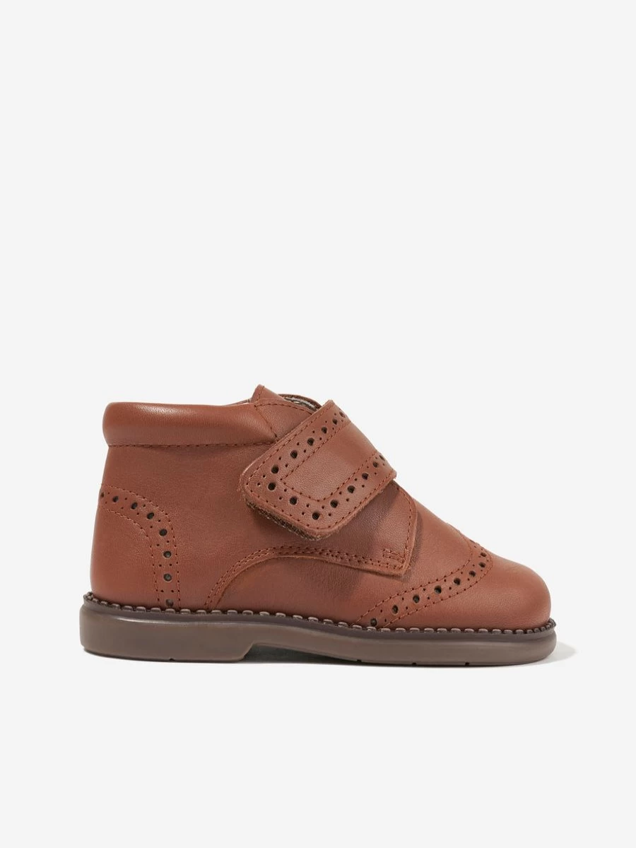 Andanines Girls Brown Leather Boots with Velcro Strap for Kids
