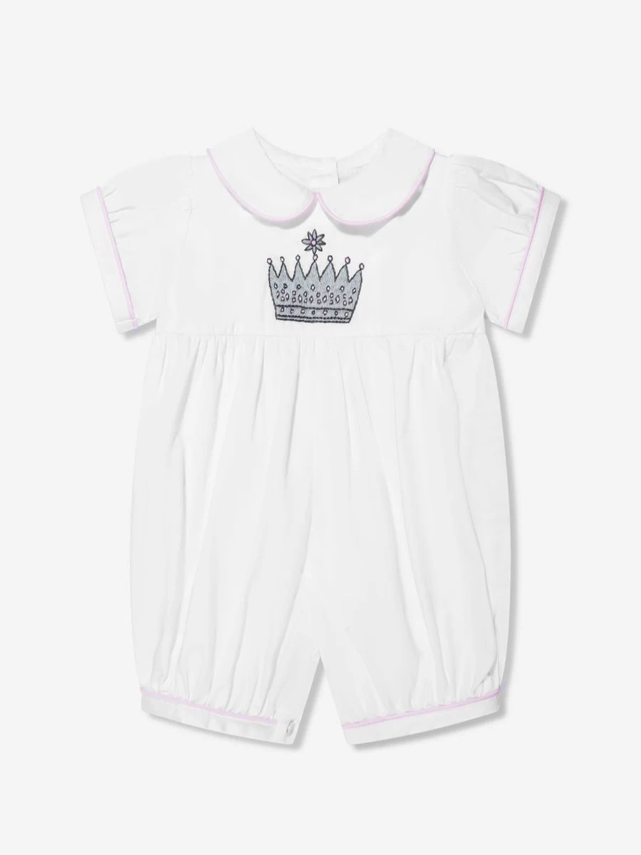 Rachel Riley Ivory Embroidered Princess Crown Romper for Baby Girls
