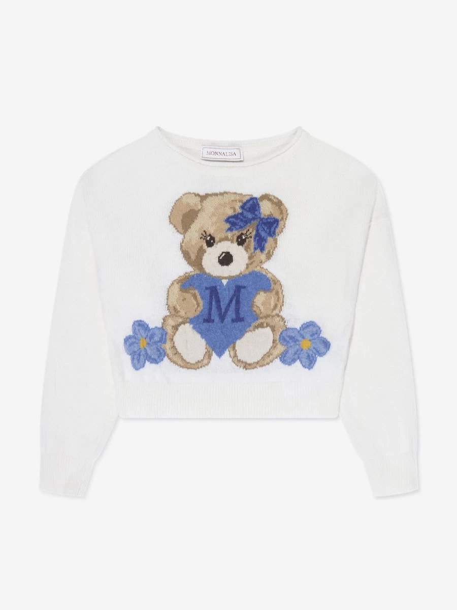 Monnalisa Girls Ivory Teddy Bear Knitted Jumper Sweater