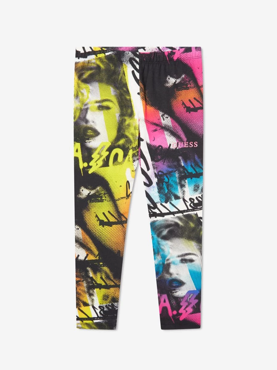 Guess Girls' Colorful Collage Print Leggings for Kids - Trendy Multicolor Design