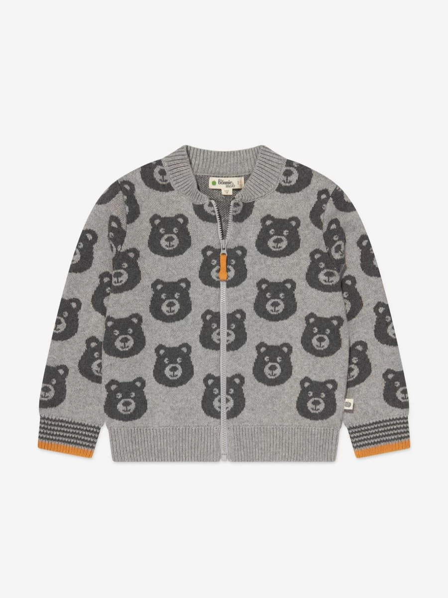 The Bonnie Mob Boys' Grey Cashmere Bear Knit Cardigan for Kids