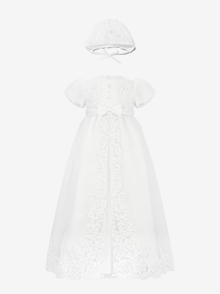 "Sarah Louise White Christening Gown and Bonnet Set for Baby Girls – Elegant Baptism Outfit"