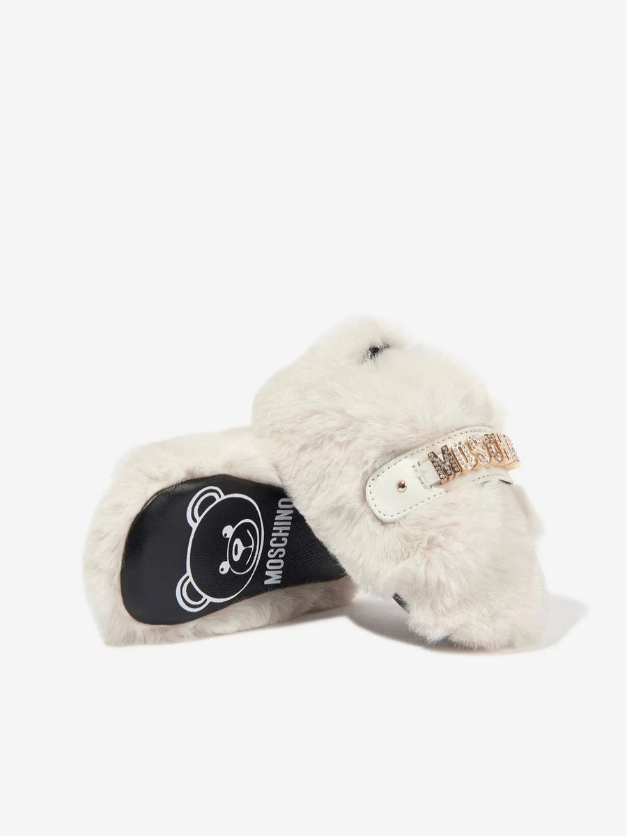 Moschino Kids Ivory Furry Slippers for Baby Girls - Soft & Cozy Toddler Slippers