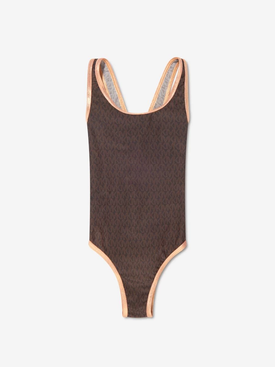 Michael Kors Girls' Brown Patterned One-Piece Swimsuit | Floral Bathing Suit for Kids