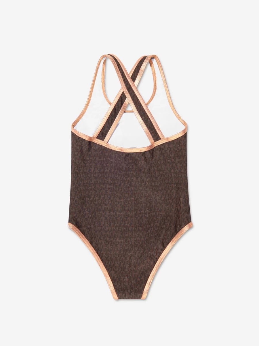 Michael Kors Girls' Brown Patterned One-Piece Swimsuit | Floral Bathing Suit for Kids